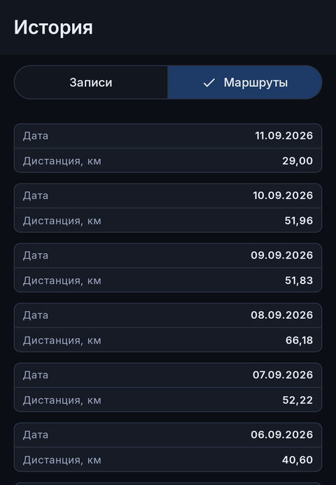 History screen, Routes tab